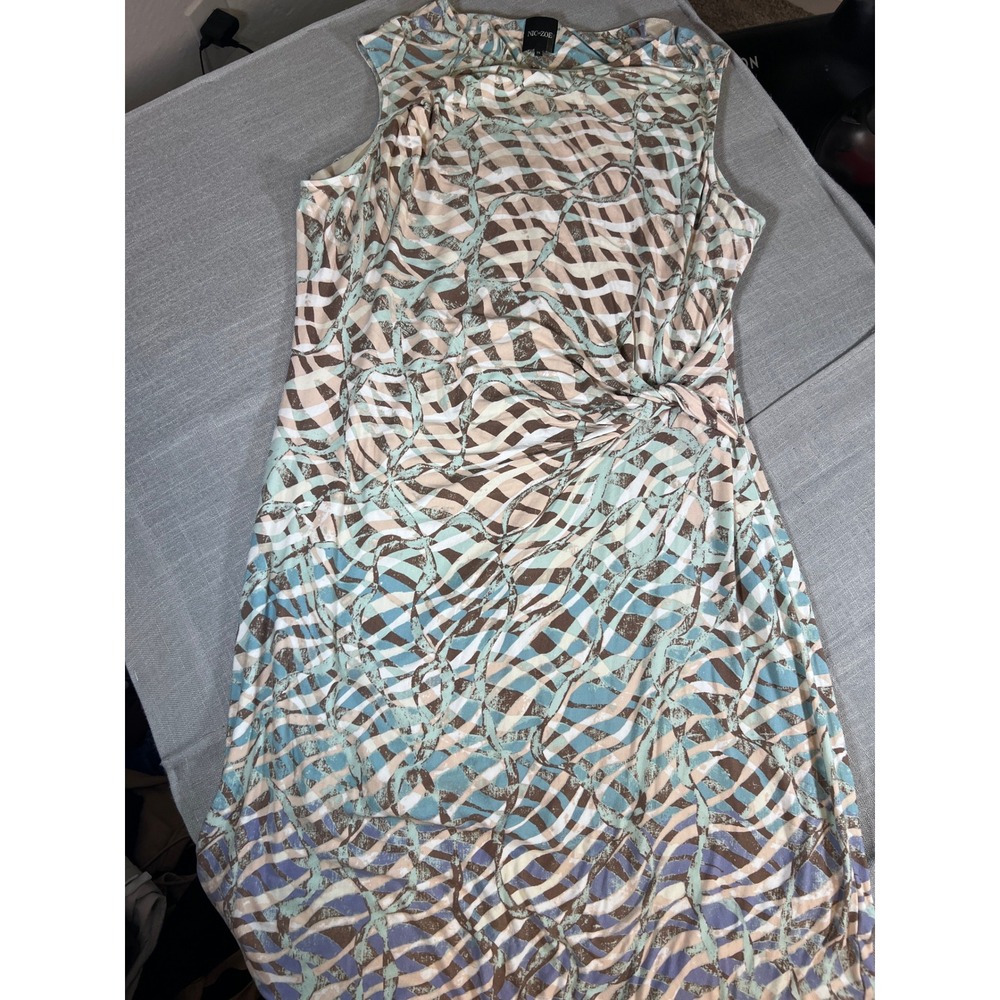 Nic+Zoe Women 2X Abstract Geometric Knot Front Sleeveless Sheath Dress Blue Tan - Picture 4 of 5